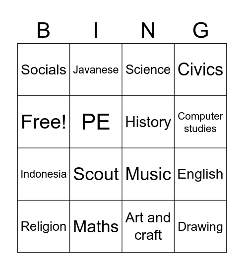 School subjects Bingo Card