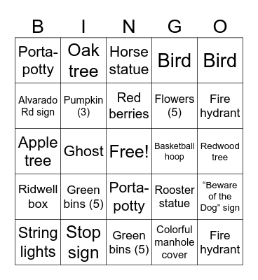 Alvarado Rd. Scavenger Hunt Bingo Card