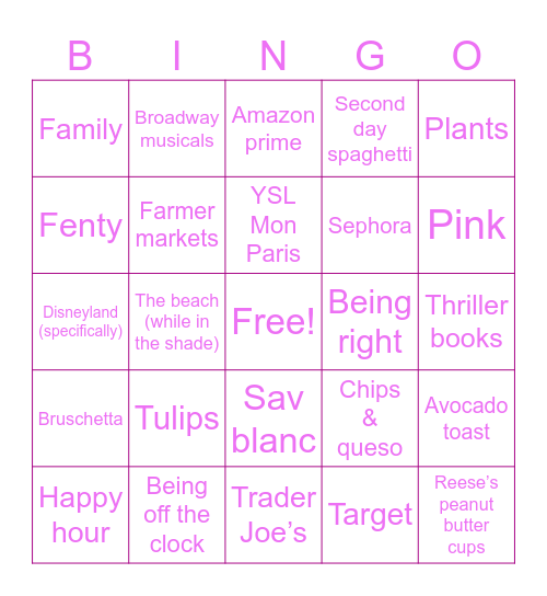 BINGO (Savannah’s Version) Bingo Card