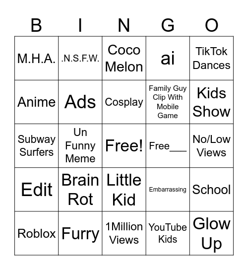 cringe bingo Card