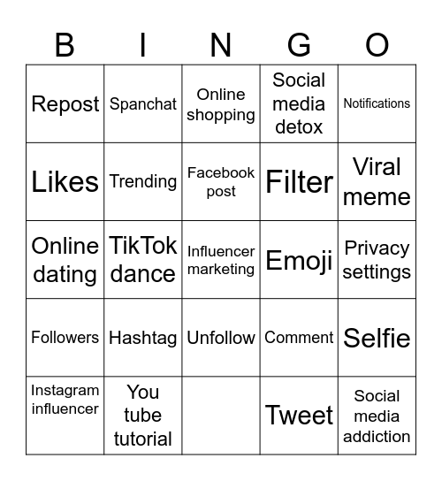 Social media bingo Card