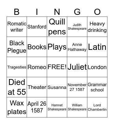 Shakespeare Bingo Card