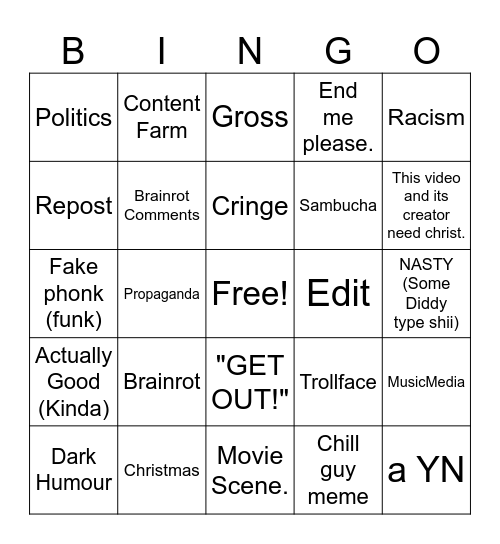 YT Shorts bingo Card