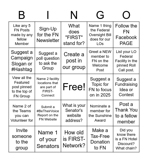 FIRST-Network Holiday Bingo Challenge Bingo Card