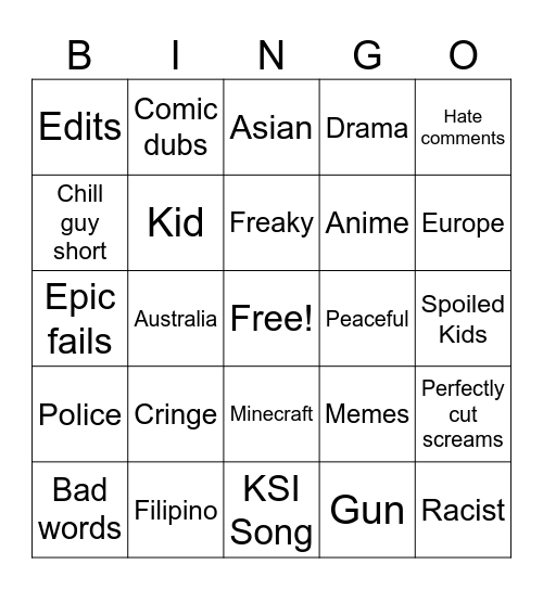 Instagram Bingo Card