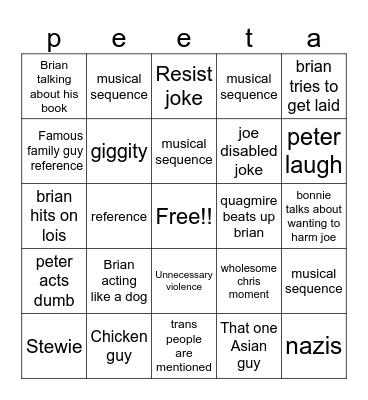 Family Guy Bingo Card