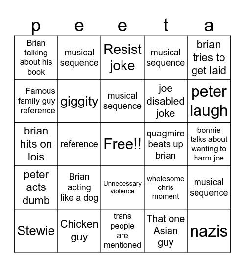 Family Guy Bingo Card