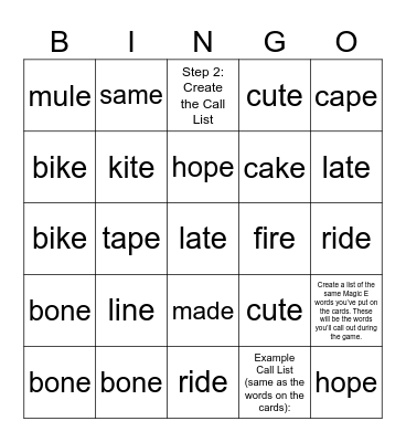 Magic E Bingo Card