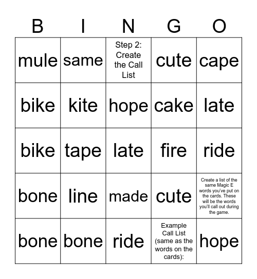 Magic E Bingo Card