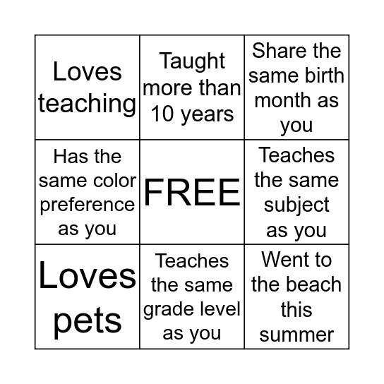 Know Your Neighbor Bingo Card