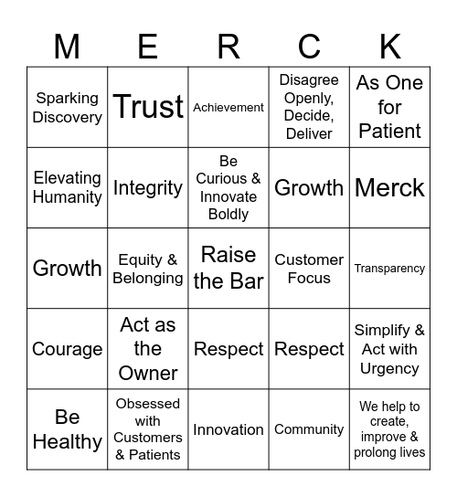 Merck Vision Bingo Card
