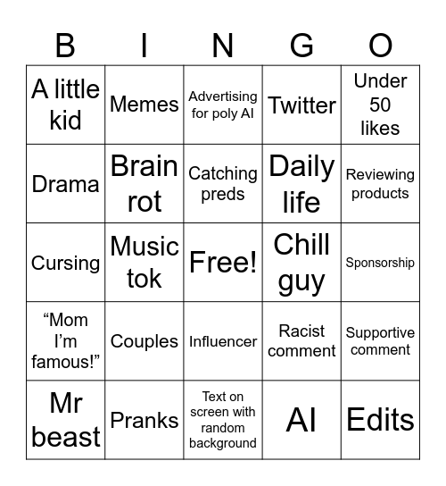 YouTube shorts bingo Card