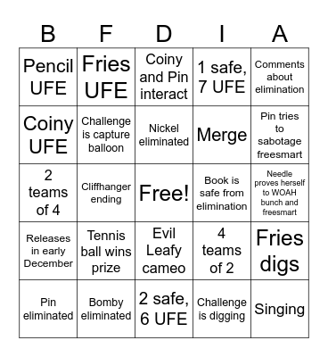 BFDIA 16 bingo Card