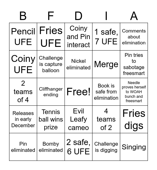 BFDIA 16 bingo Card