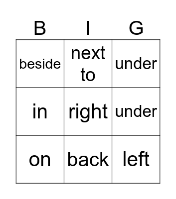 Prepositions Bingo Card