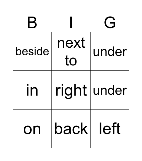 Prepositions Bingo Card