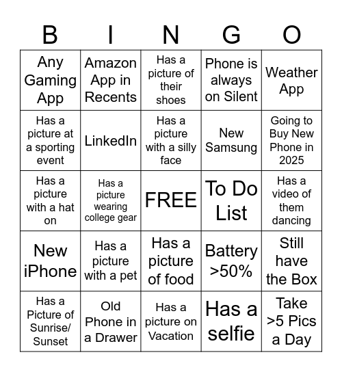 Cell Phone Bingo Card