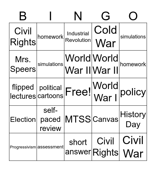 U.S. History 2 Bingo Card