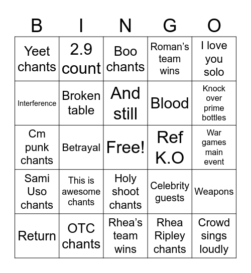 SURVIVOR SERIES Bingo Card