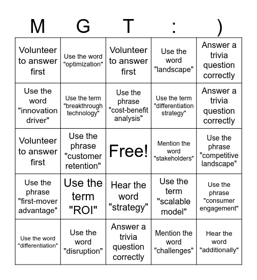 MGT 101 - LEADING CASE ANALYSIS Bingo Card