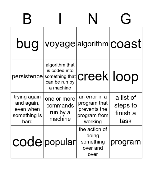 Week 1 and 2 Vocabulary Bingo Card