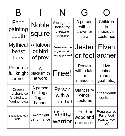 Renn Faire Bingo Card