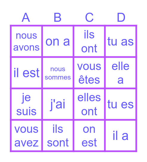 Le verbe avoir et être Bingo Card