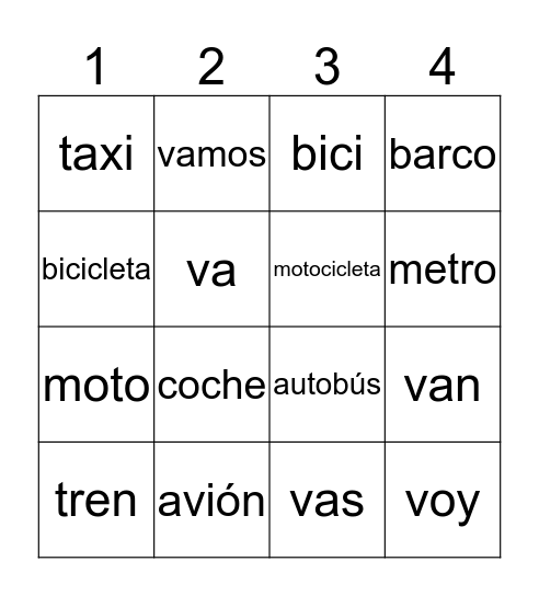 Transporte y verbo ir 1 Bingo Card