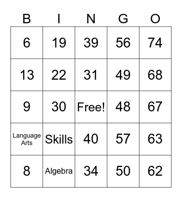 Number Bingo 1-75 Bingo Card