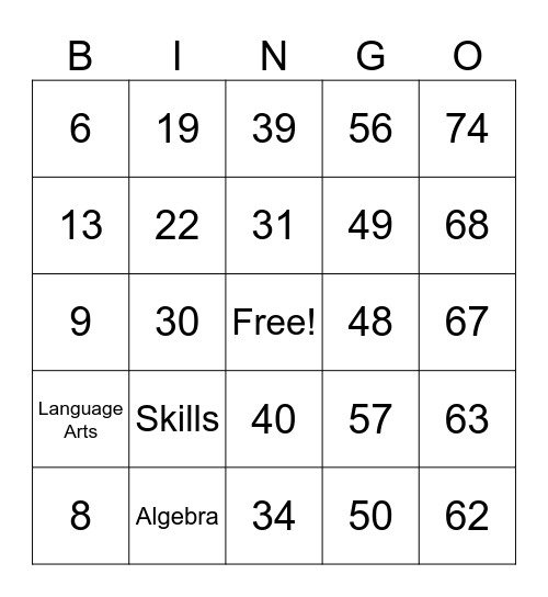 Number Bingo 1-75 Bingo Card