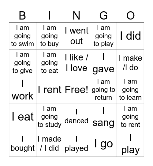 French Verbs Bingo Card