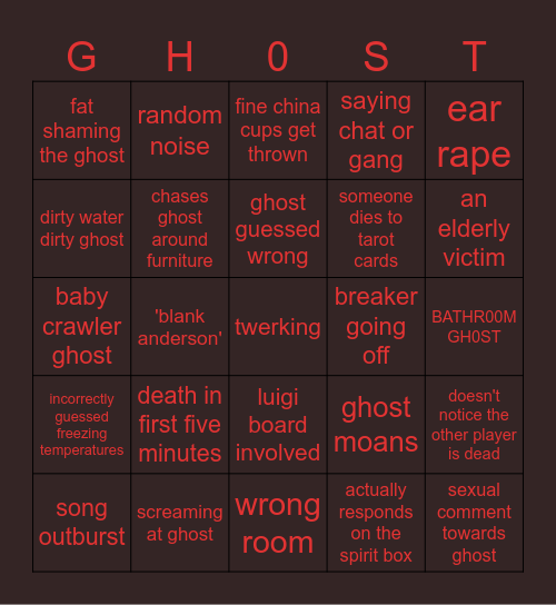 phasmophobia bingo Card