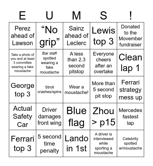 F1 Movember Bingo Card