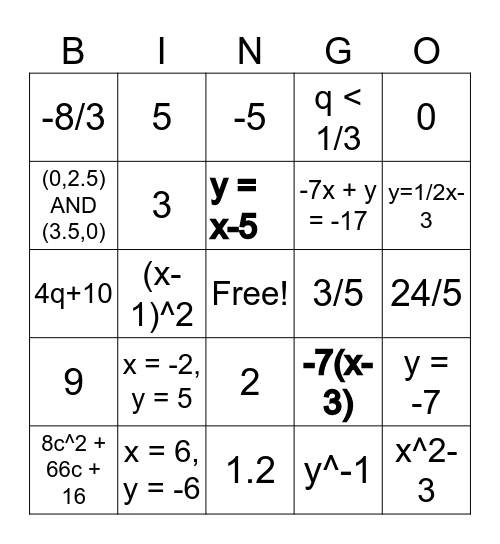 SHW Algebra 1 Math Bingo Board! Bingo Card