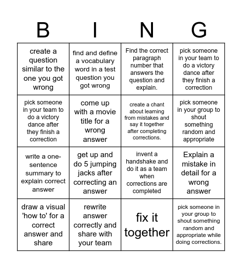 Team Test Corrections Bingo Card