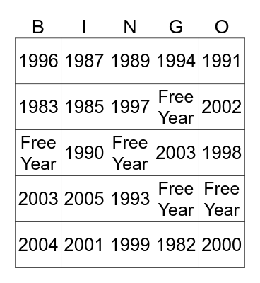 Birth year Bingo Card