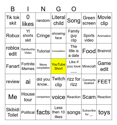 YouTube shorts Bingo Card