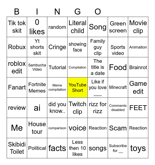 YouTube shorts Bingo Card