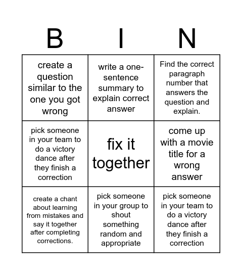 Team Test Corrections Bingo Card