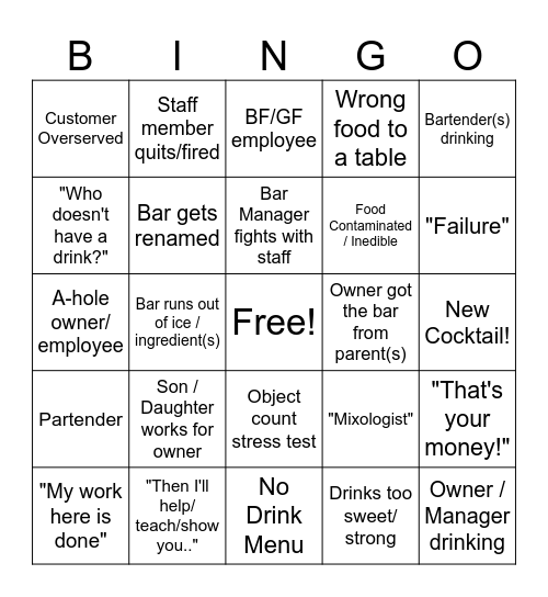 Bar Rescue Bingo Card