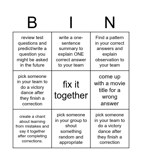 Team Test Reflections Bingo Card