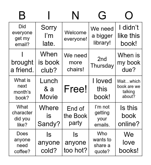 Book Club Bingo Card