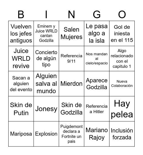 Evento fortnite Bingo Card