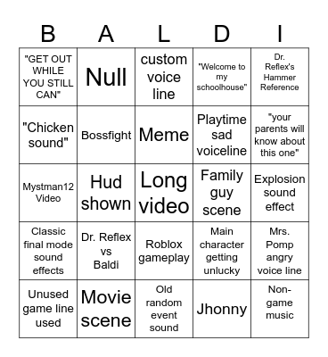 Baldi's Basics Humor Bingo Card