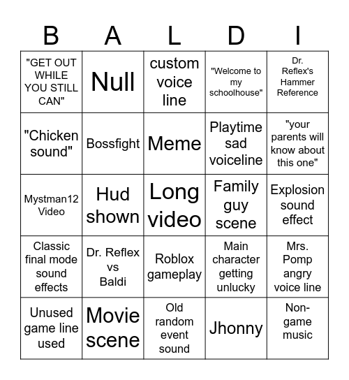 Baldi's Basics Humor Bingo Card