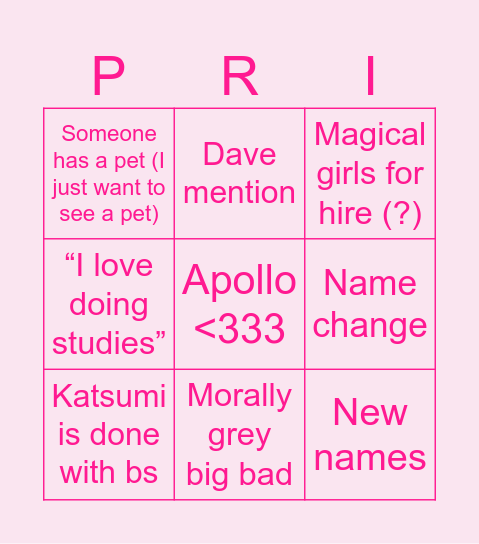 Clu’s Prism Bingo!!! Bingo Card