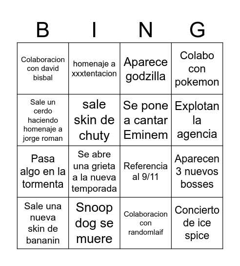 evento fortnite Bingo Card