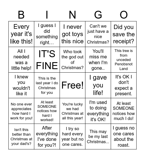 BPD Christmas Bingo Card