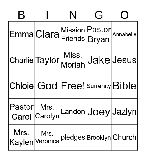 Mission Friends Bingo Card