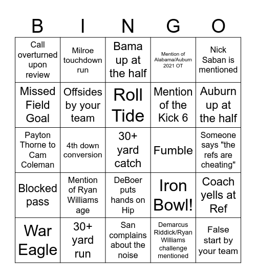 Iron Bowl Bingo Card